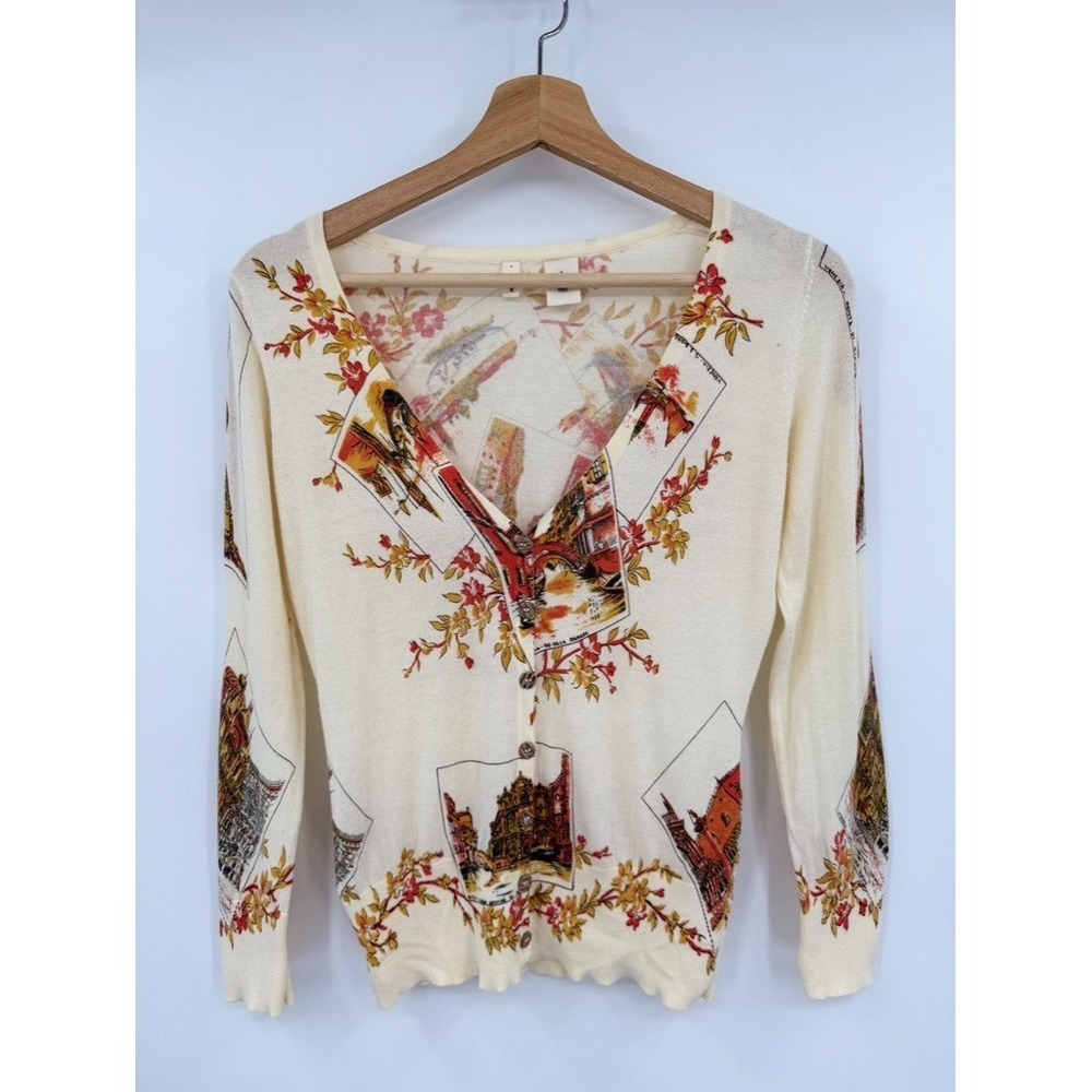 Anthropologie‎ Postmark Cardigan Small Cream Venice Print Cardigan V-Neck Cotton - Picture 3 of 10